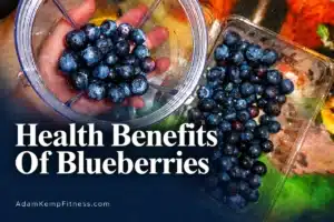 Fresh blueberries in a blender cup and an open container, with the title “Health Benefits of Blueberries.”