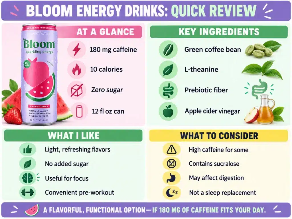 Bloom Energy Drinks Quick Review Infographic