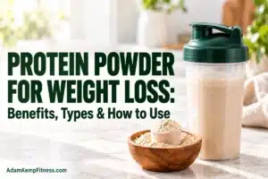 Protein shake in a shaker bottle beside a scoop of powder, with the title “Protein Powder for Weight Loss: Benefits, Types & How to Use.”