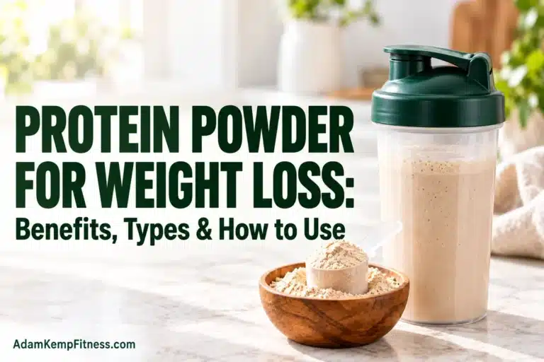Protein shake in a shaker bottle beside a scoop of powder, with the title “Protein Powder for Weight Loss: Benefits, Types & How to Use.”