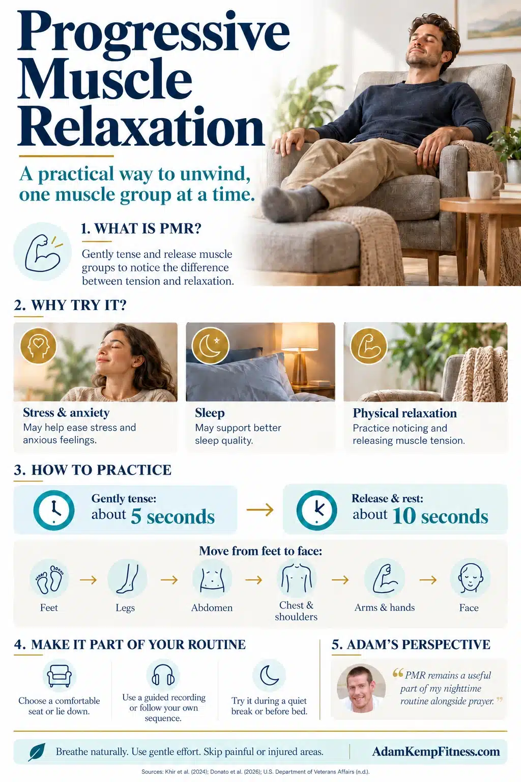 Progressive muscle relaxation infographic explaining potential benefits for stress and sleep, the feet-to-face sequence, and tips for a relaxing nighttime routine.