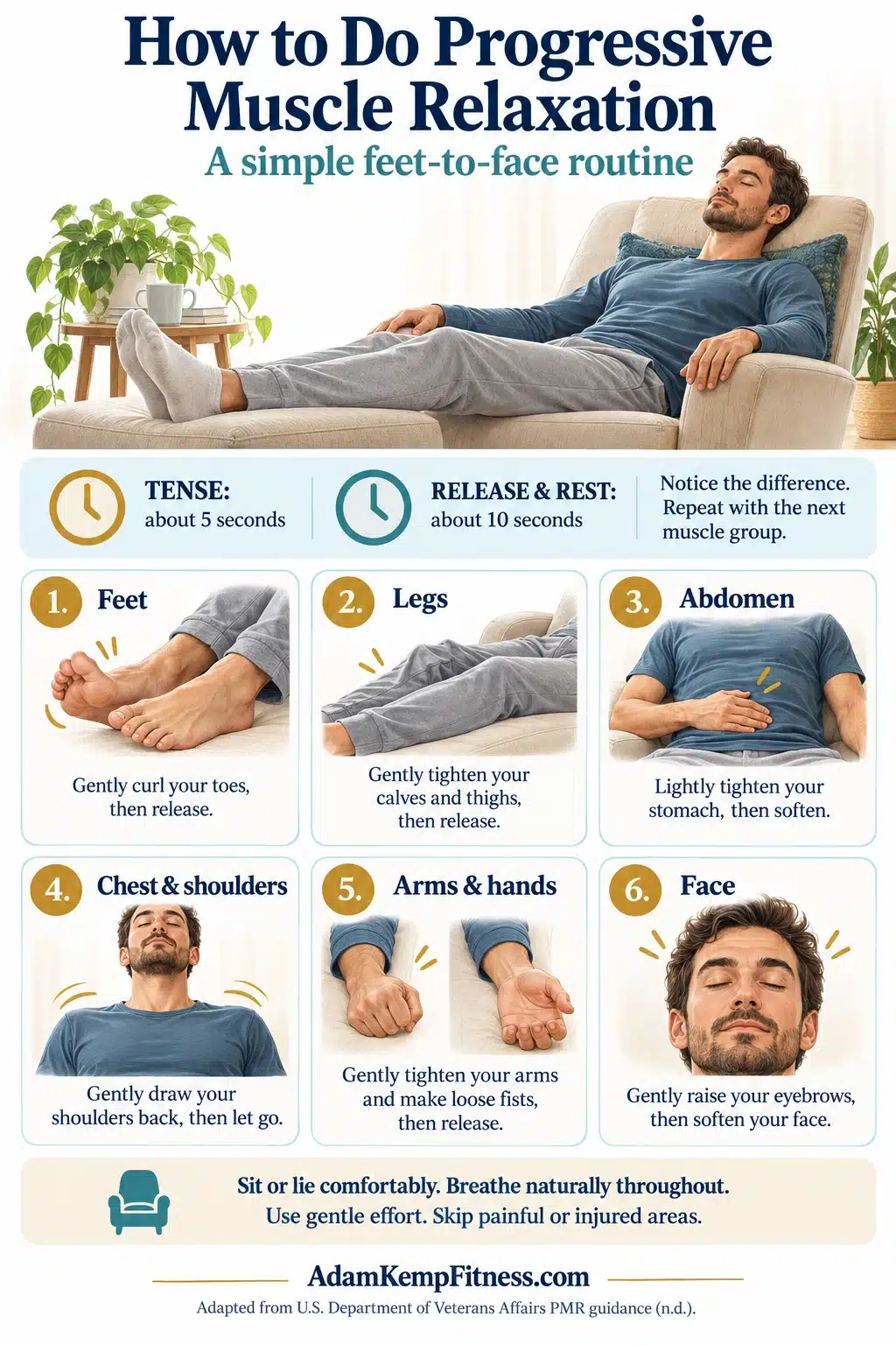 Alt text: How to do progressive muscle relaxation, showing six steps from feet to face with five seconds of gentle tension followed by ten seconds of relaxation.