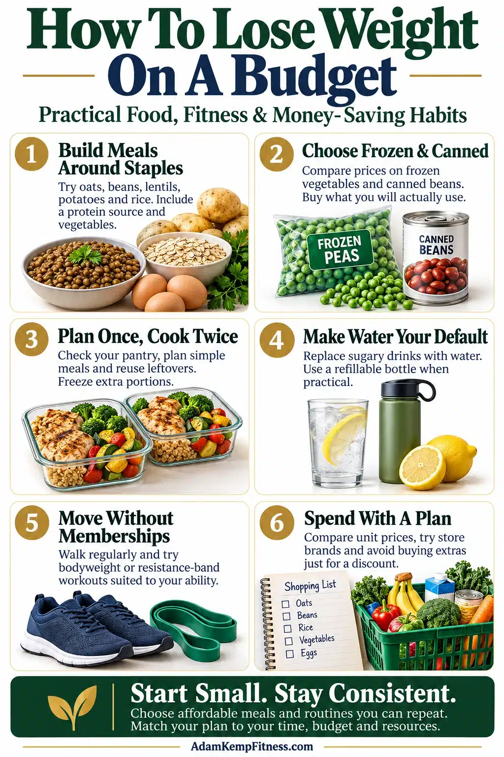 How to lose weight on a budget infographic featuring affordable foods, meal planning, water, free exercise, and smarter grocery shopping.