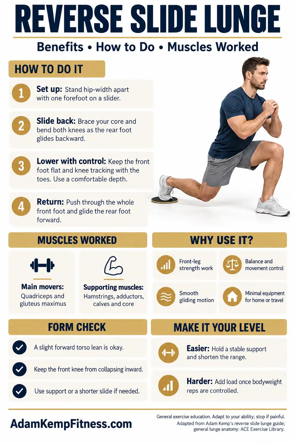 Reverse slide lunge infographic showing exercise technique, muscles worked, benefits, form tips, and progression options.
