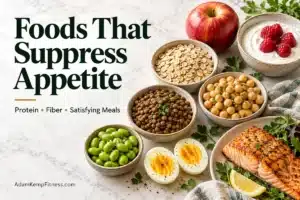 Foods that suppress appetite, including lentils, chickpeas, oats, Greek yogurt with raspberries, an apple, edamame, eggs, and salmon.