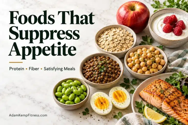 Foods that suppress appetite, including lentils, chickpeas, oats, Greek yogurt with raspberries, an apple, edamame, eggs, and salmon.