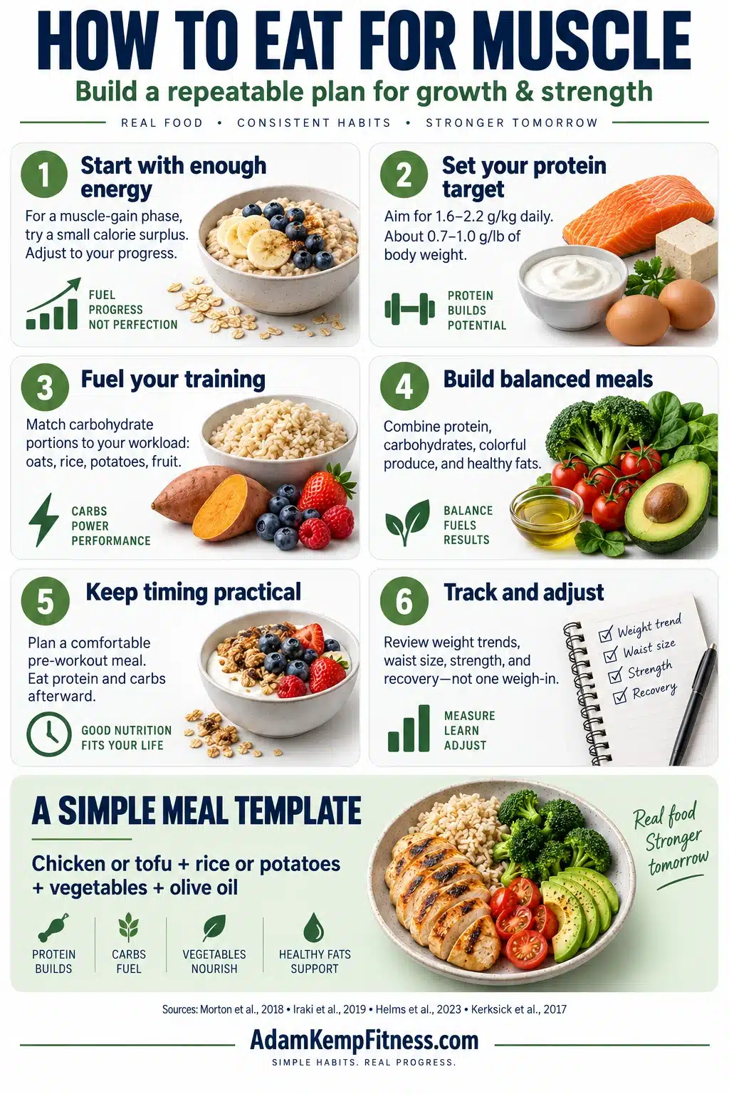 How to eat for muscle infographic covering calories, protein targets, carbohydrates, balanced meals, workout nutrition, and progress tracking.