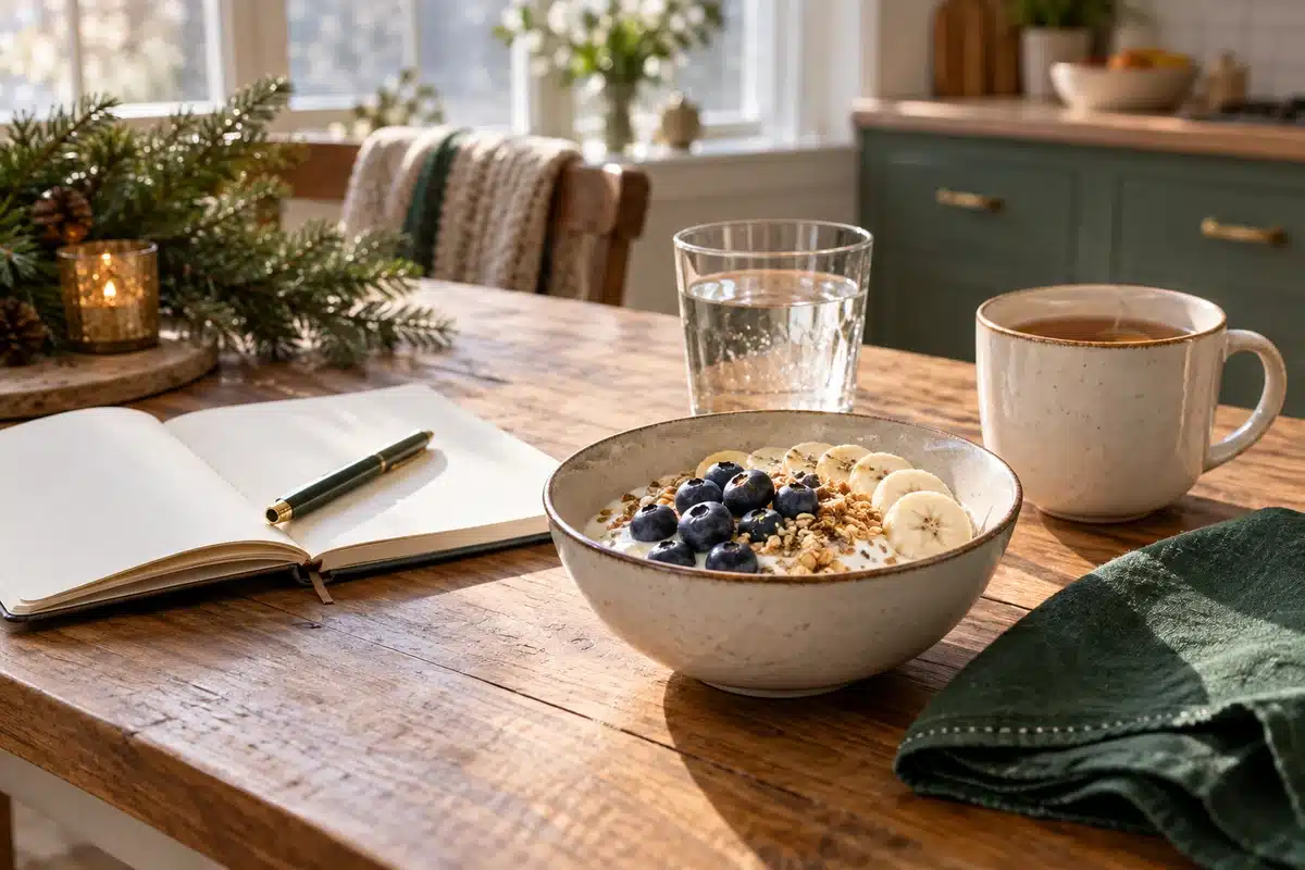Yogurt with oats, blueberries, and banana beside water, tea, and an open notebook on a holiday breakfast table.