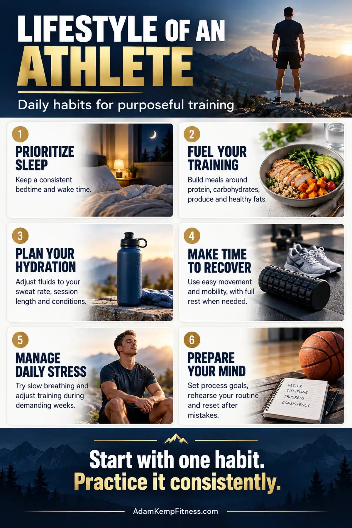 Six habits for living the lifestyle of an athlete: consistent sleep, balanced nutrition, hydration, recovery, stress management, and mental preparation.