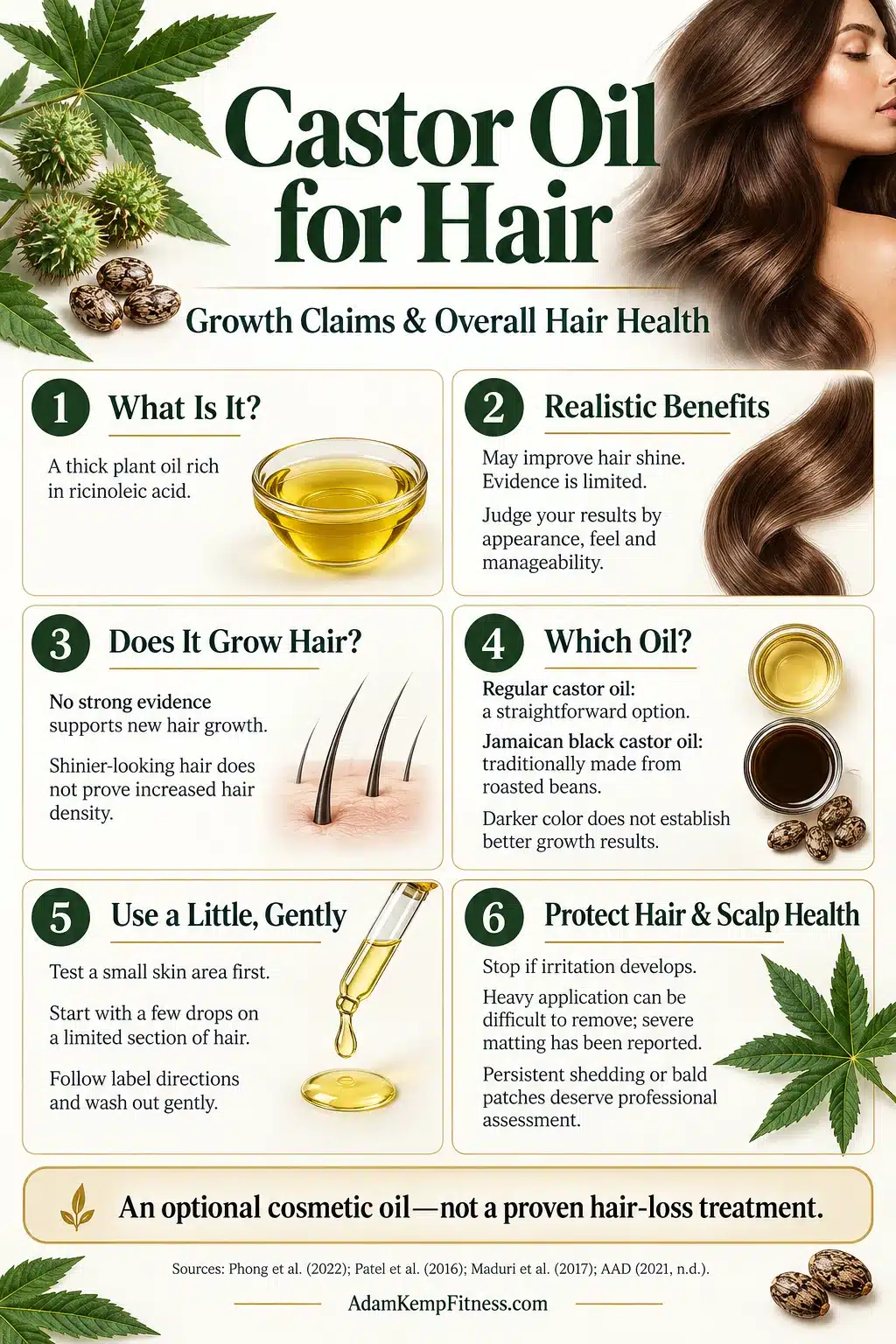 Castor oil for hair infographic explaining potential benefits, limited evidence for hair growth, regular versus Jamaican black castor oil, safe application, and scalp precautions.