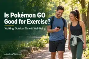Two adults looking at a smartphone on a sunny park path, with the title “Is Pokémon GO Good for Exercise?"