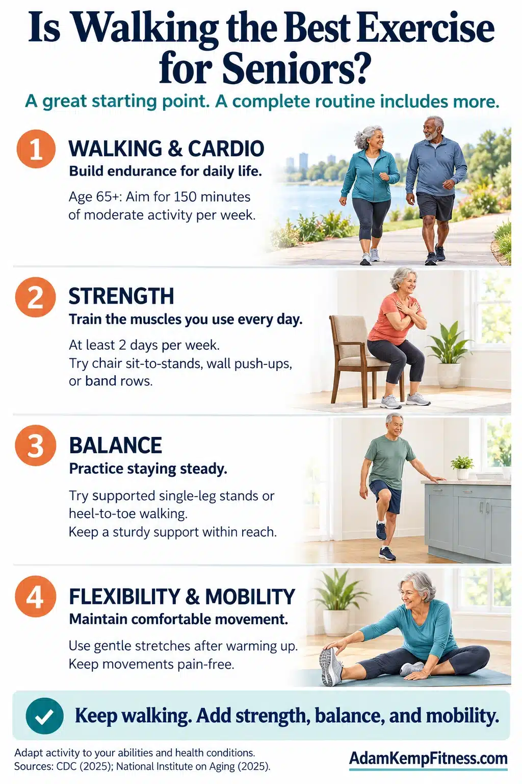 Infographic showing how walking, strength training, balance exercises, and flexibility support a complete exercise routine for seniors.