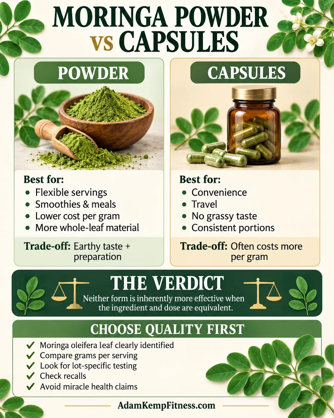 Moringa Capsules vs Powder Infographic