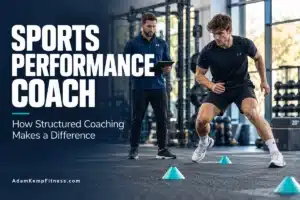 Sports performance coach observing an athlete performing footwork drills in a training facility.