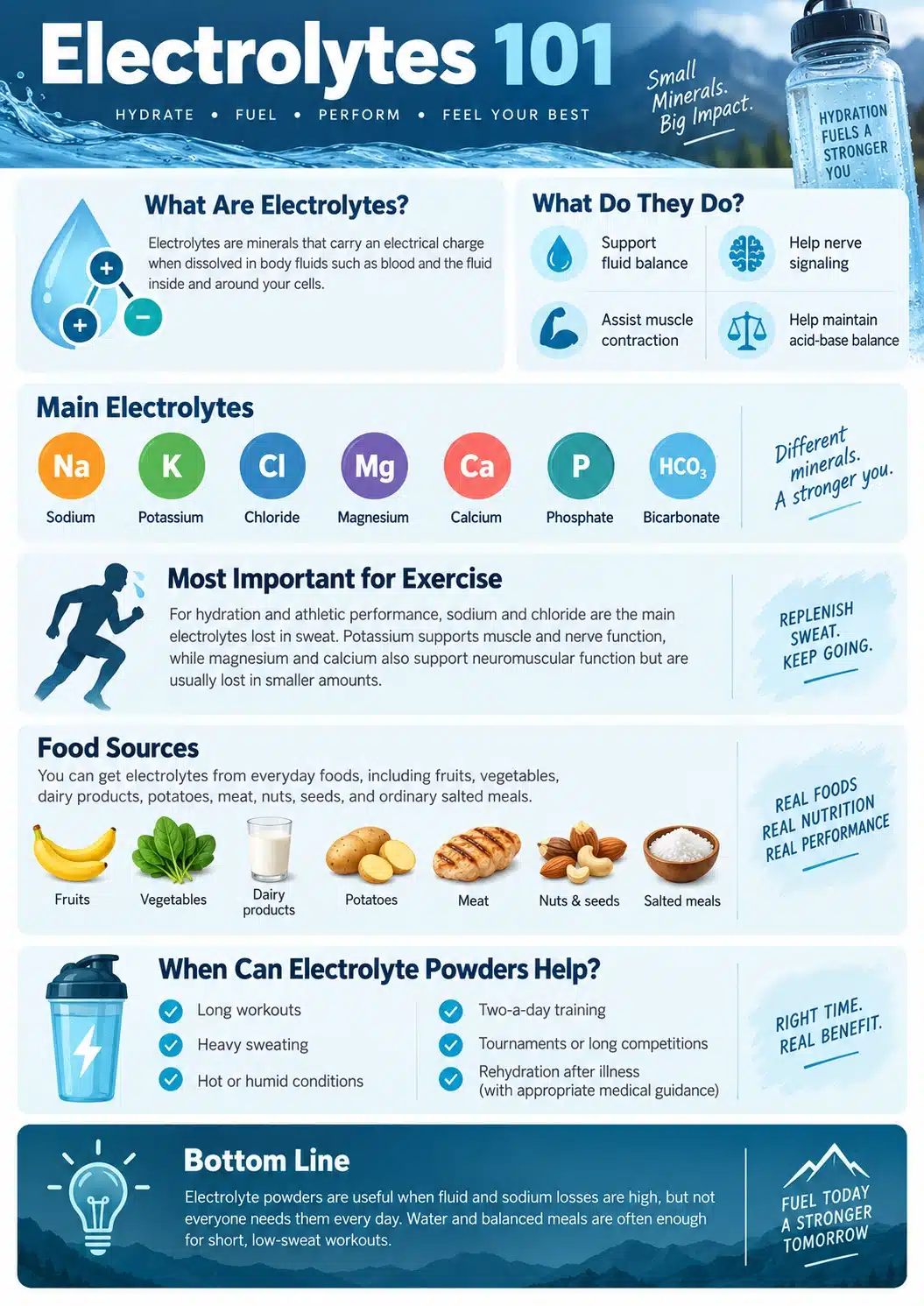 Electrolytes 101 infographic explaining what electrolytes are, their roles in hydration, muscle contraction and nerve signaling, major electrolytes, food sources, and when electrolyte powders may be useful.