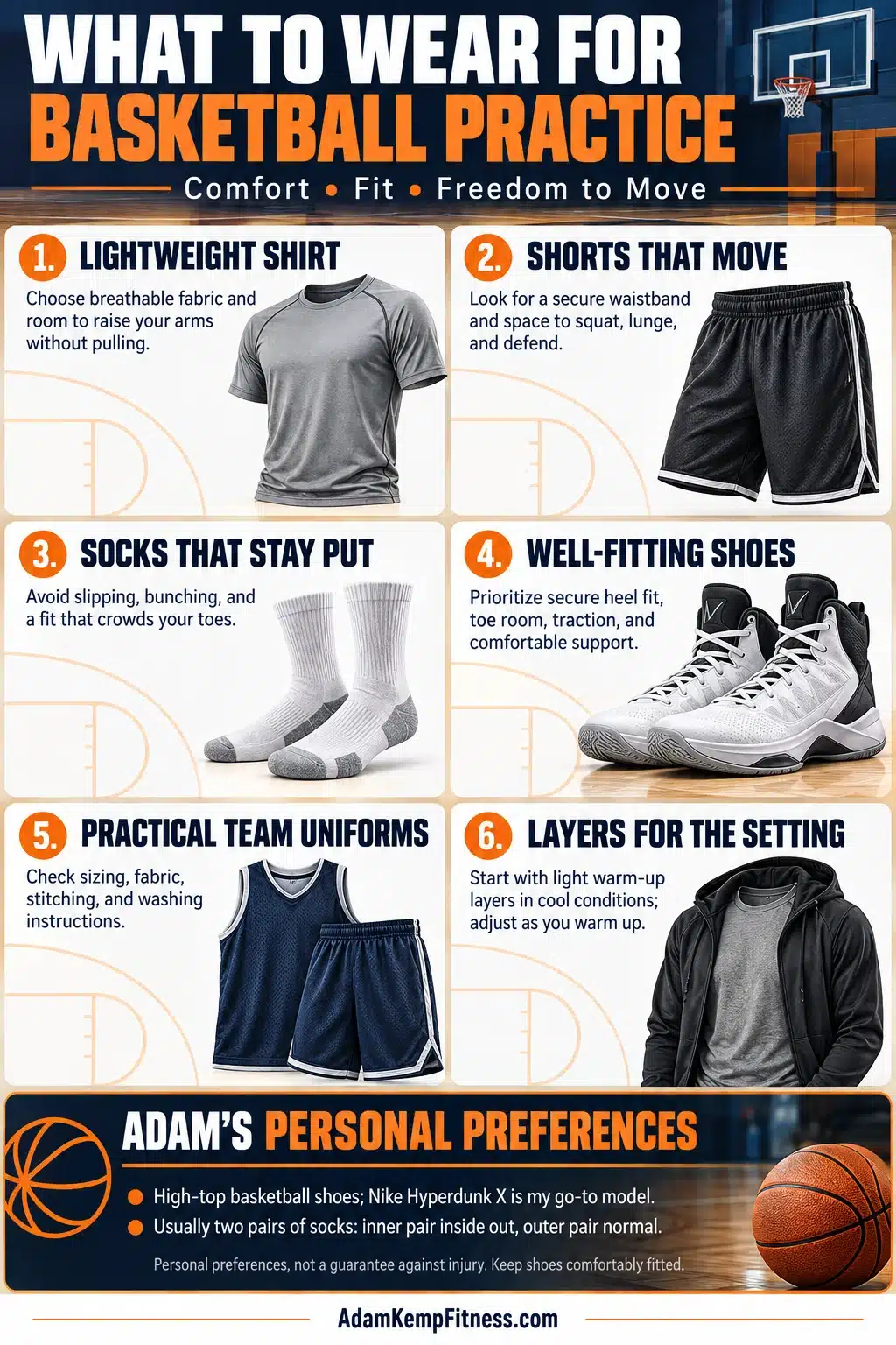 Basketball practice clothing guide featuring shirts, shorts, socks, shoes, team uniforms, and warm-up layers, with Adam Kemp’s personal gear preferences.