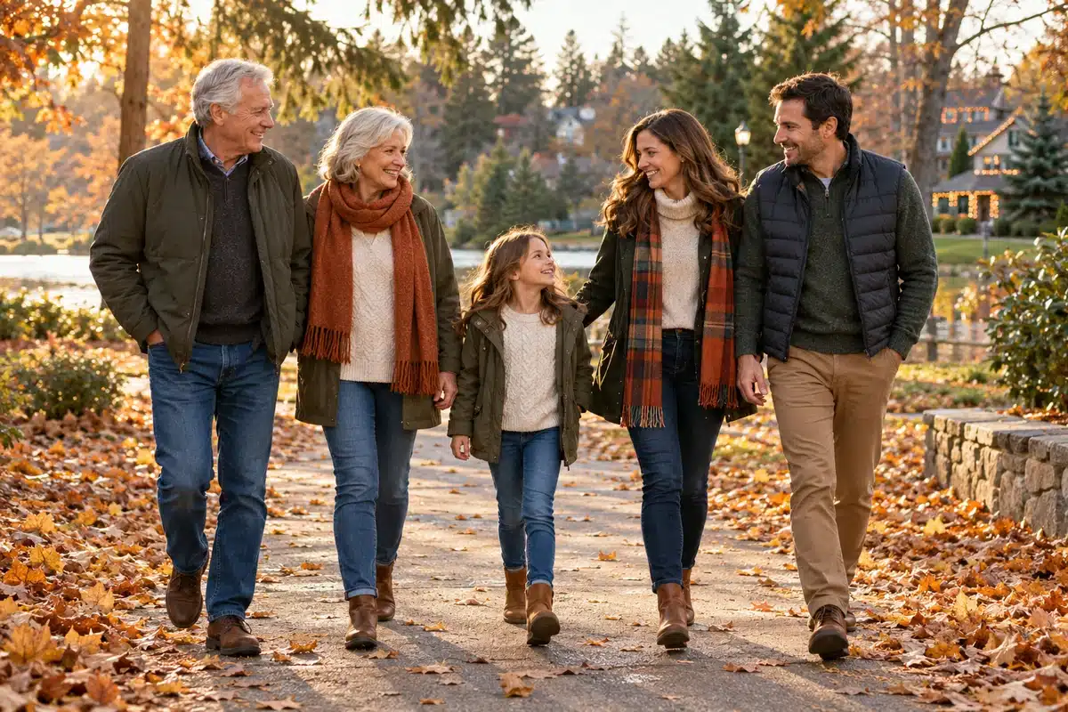 A multigenerational family enjoying a walk along an autumn path with holiday lights in the background.