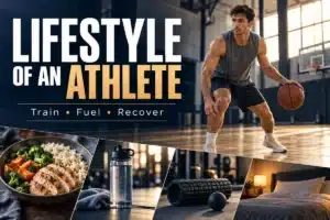 Lifestyle of an athlete featured image showing basketball training, a balanced meal, hydration, recovery equipment, and sleep.