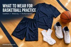 An image showing what to wear for basketball practice, including a navy shirt and shorts, white socks, basketball shoes, and an orange basketball on a wooden court.