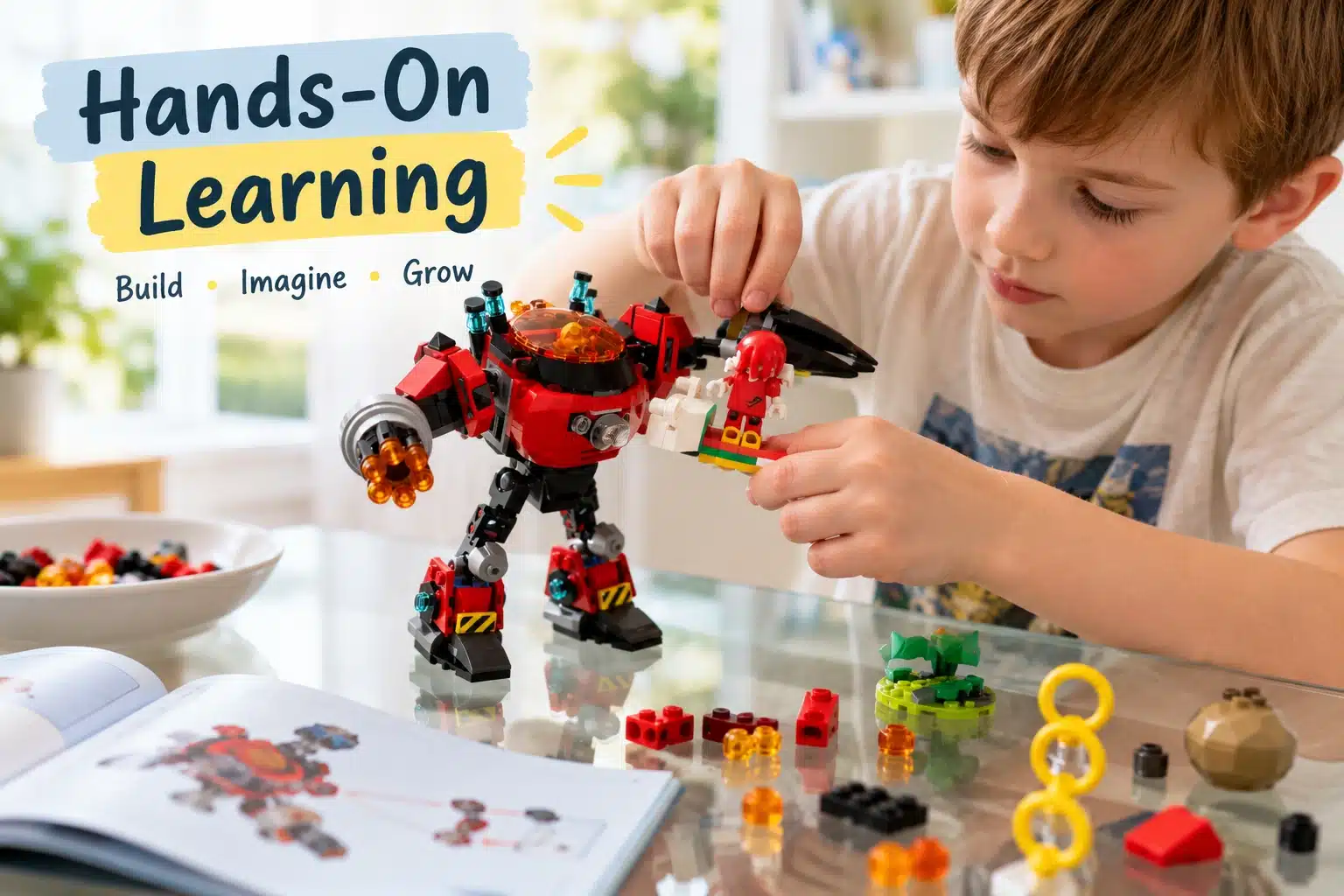 Child practicing hands-on learning and fine motor skills while building a LEGO set