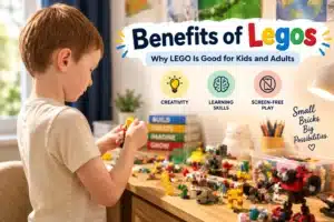Child building LEGO at home with text highlighting the benefits of Legos for kids and adults