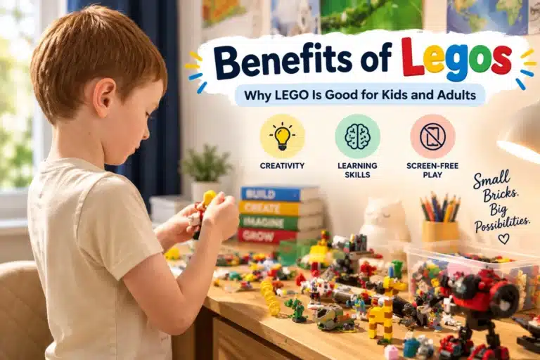 Child building LEGO at home with text highlighting the benefits of Legos for kids and adults