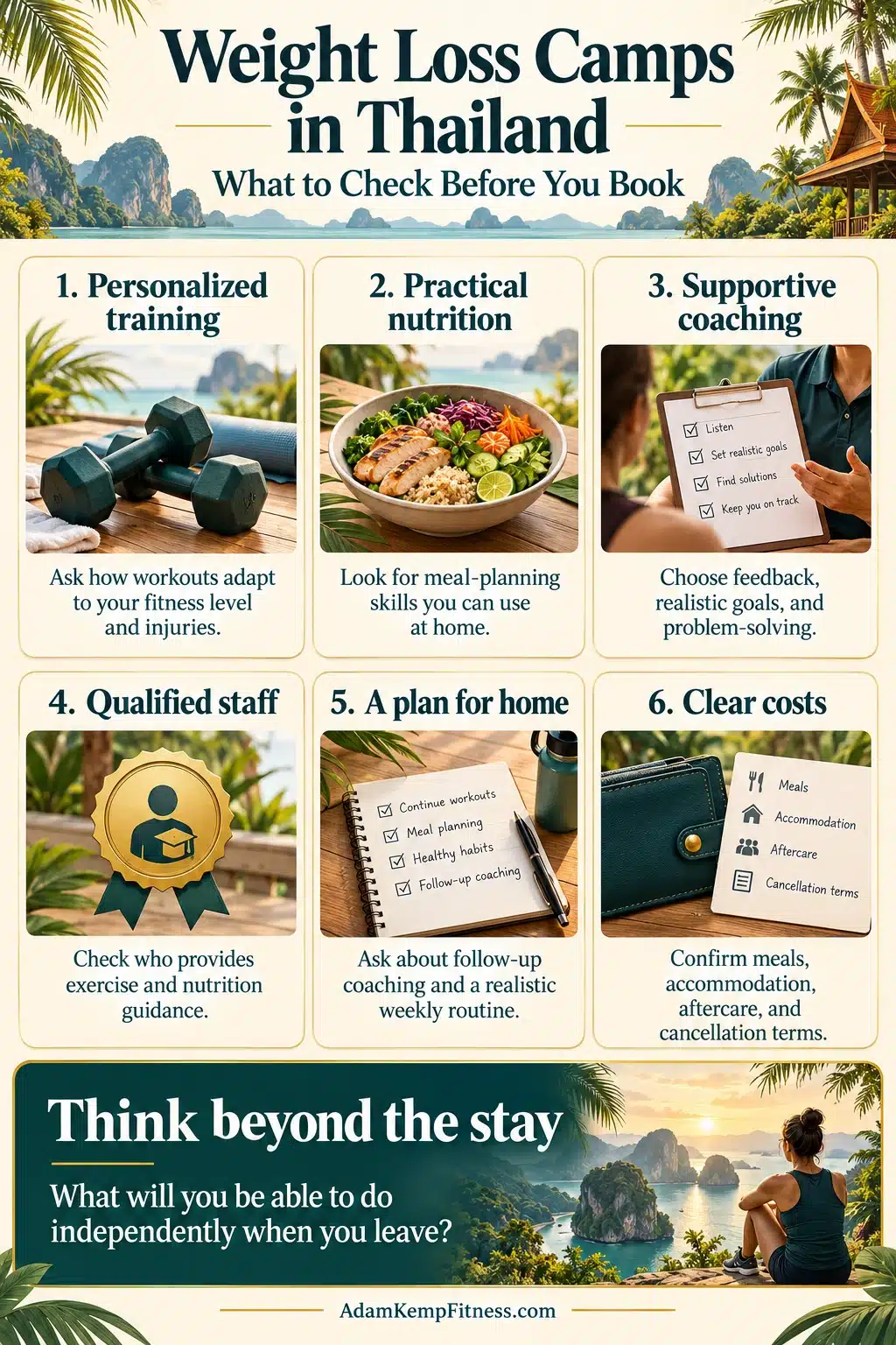 Six factors to consider when choosing weight loss camps in Thailand, including training, nutrition, coaching, staff qualifications, aftercare, and costs.