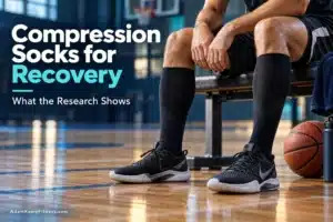Basketball player wearing knee-high compression socks for recovery while resting on a court-side bench.