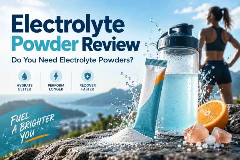 Electrolyte powder review featured image with a hydration bottle, electrolyte powder packet, salt crystals, orange, and athlete in the background.