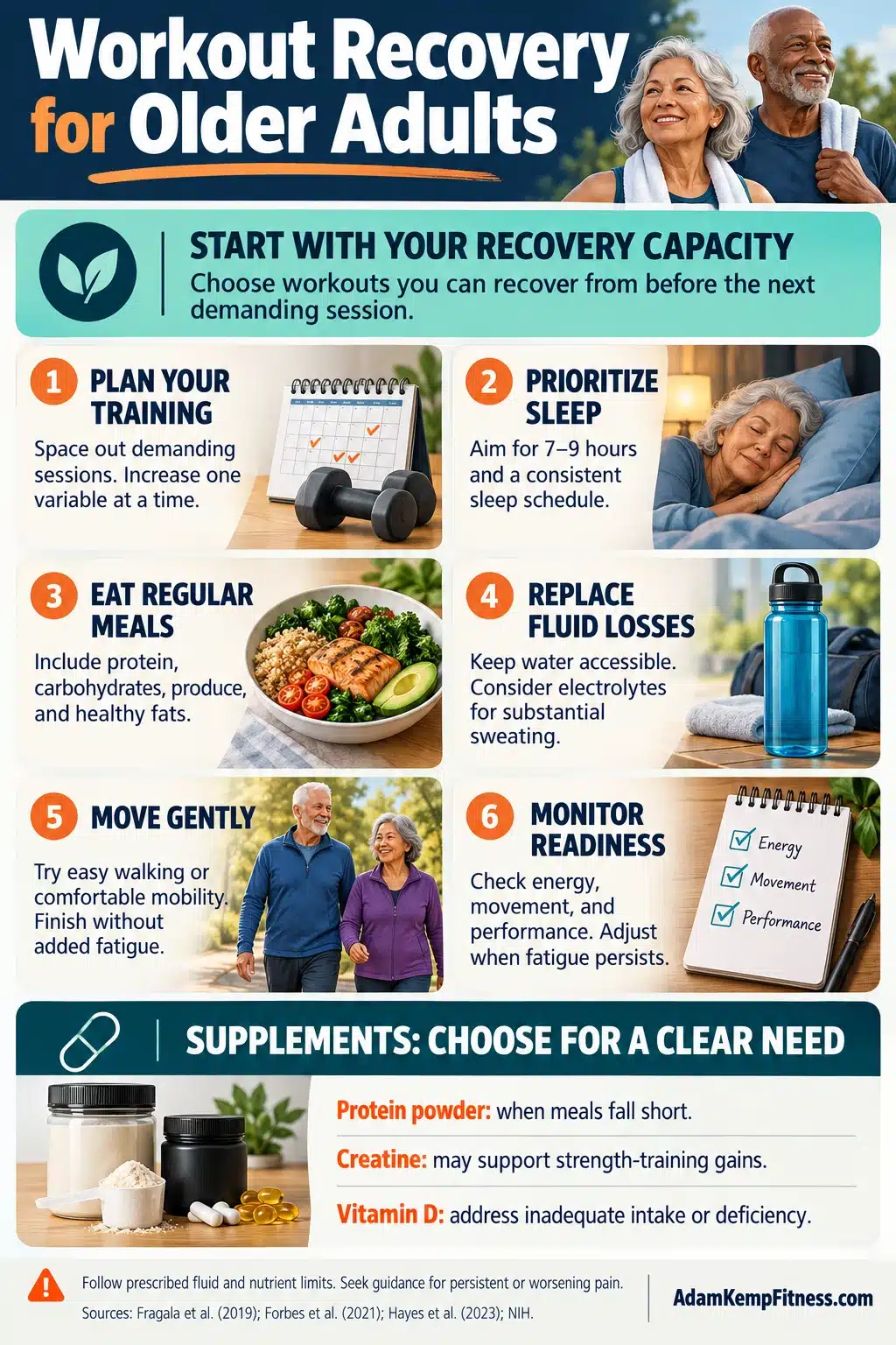 Workout recovery for older adults infographic covering training within recovery capacity, sleep, balanced meals, hydration, gentle movement, readiness, and targeted supplements.
