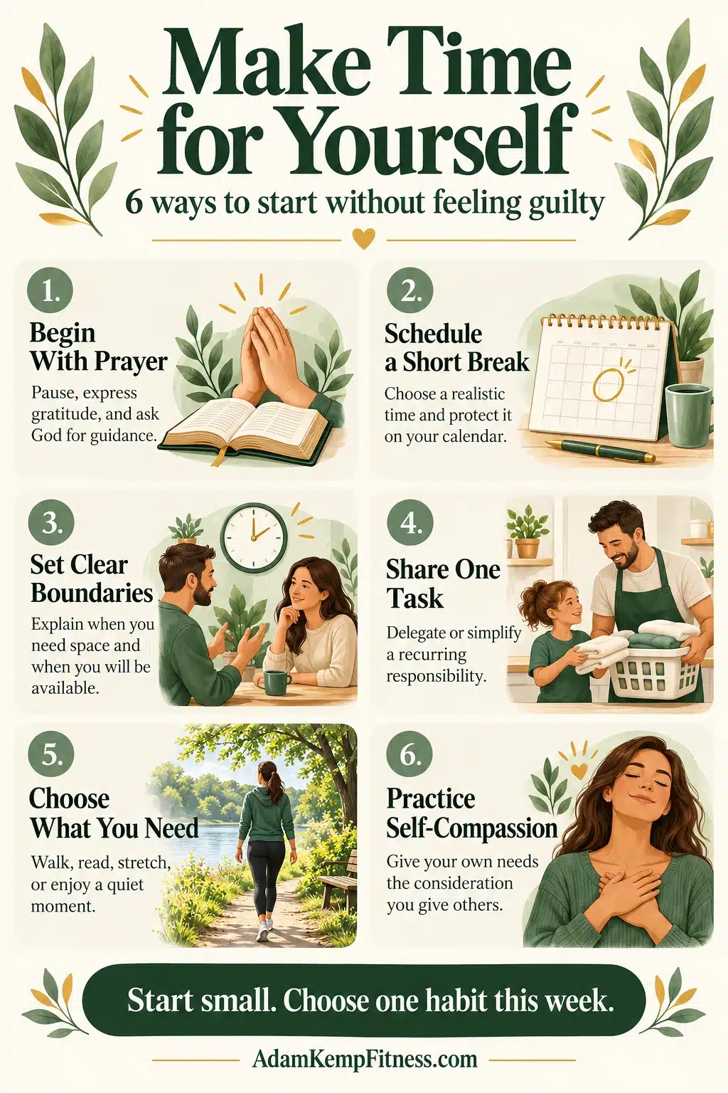 Six ways to make more time for yourself through prayer, short breaks, boundaries, shared tasks, enjoyable activities, and self-compassion.