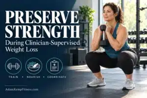 Woman performing a goblet squat beside the title “How to Preserve Strength During Clinician-Supervised Weight Loss.”