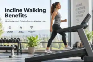 Woman incline walking on a treadmill in a modern gym