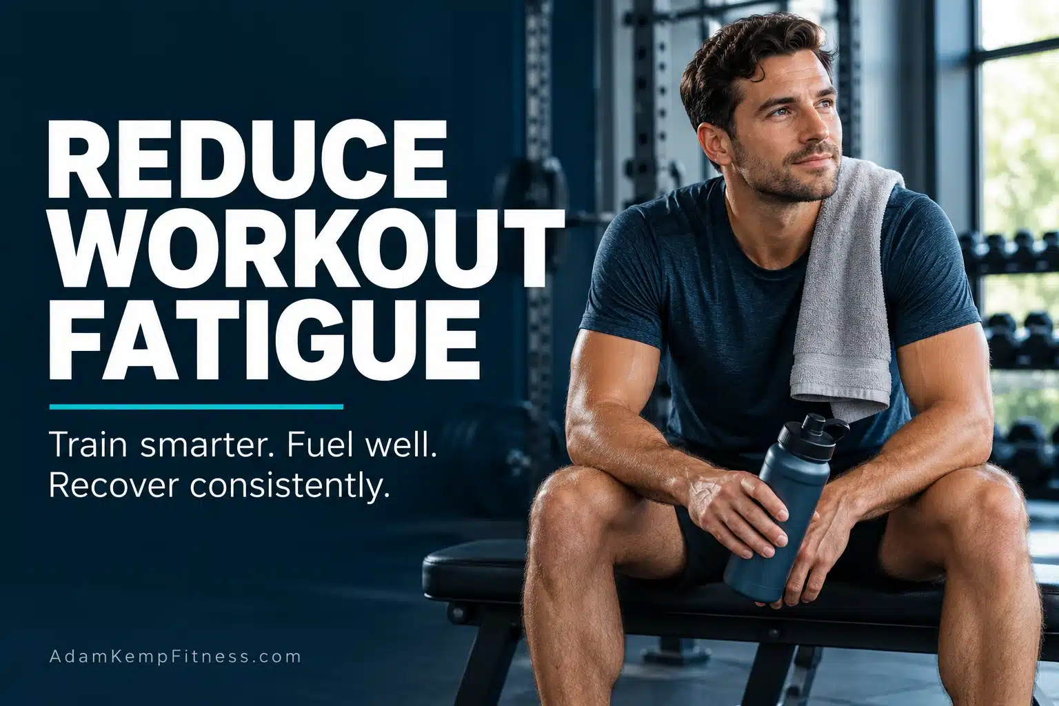 Athlete seated on a gym bench with a water bottle beside tips for reducing workout fatigue.