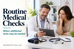 Doctor and patient reviewing health information during a consultation about routine medical checks.