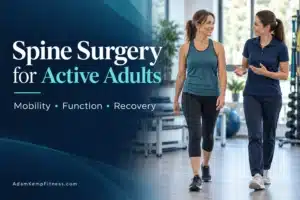 Active adult walking with a physiotherapist in a rehabilitation studio.