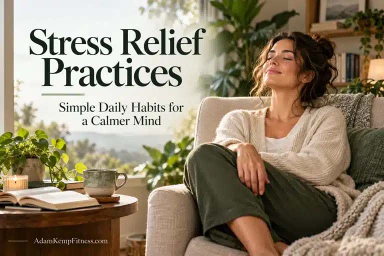 Woman relaxing in a sunlit reading corner with a book, tea, and plants, illustrating daily stress relief practices.