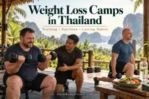 Men exercising with a coach at an illustrated weight loss camp in Thailand.