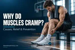 Athlete holding his calf after basketball training, illustrating an article about muscle cramp causes, relief, and prevention.