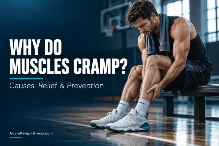 Athlete holding his calf after basketball training, illustrating an article about muscle cramp causes, relief, and prevention.