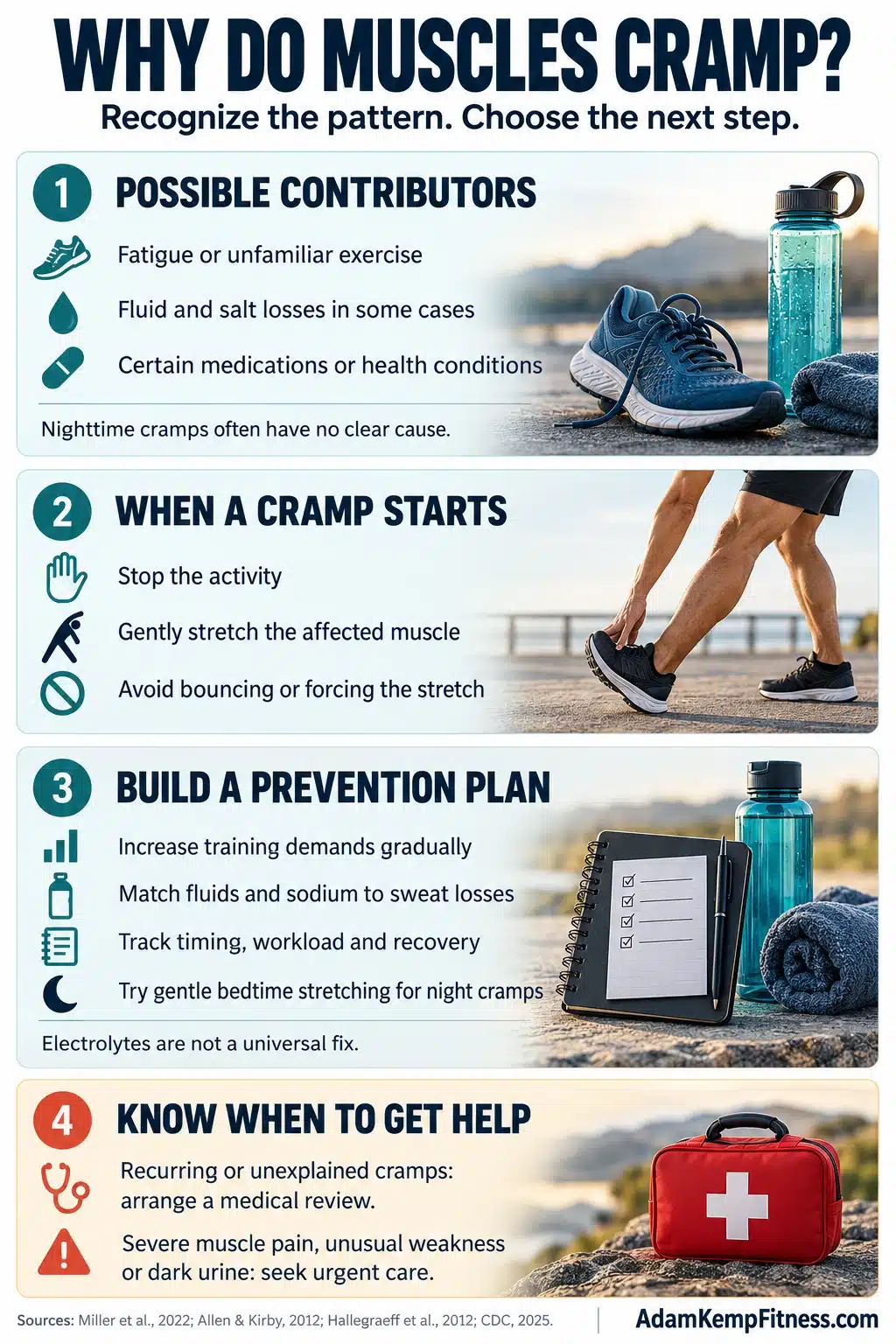 Muscle cramp infographic explaining possible triggers, immediate relief, prevention strategies, and when to seek medical attention.