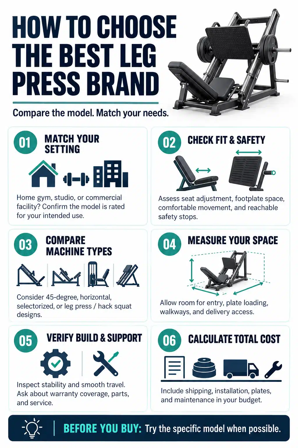 Infographic on choosing the best leg press brand by comparing intended use, fit and safety, machine types, space requirements, build quality, support, and total cost.