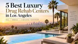One of the best Luxury drug rehab centers in Los Angeles with an infinity pool, palm trees, and a city skyline at sunset.