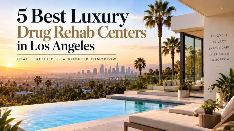 One of the best Luxury drug rehab centers in Los Angeles with an infinity pool, palm trees, and a city skyline at sunset.