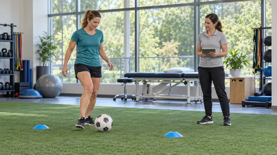 Woman practising soccer ball control between cones while a physiotherapist supervises her rehabilitation session.